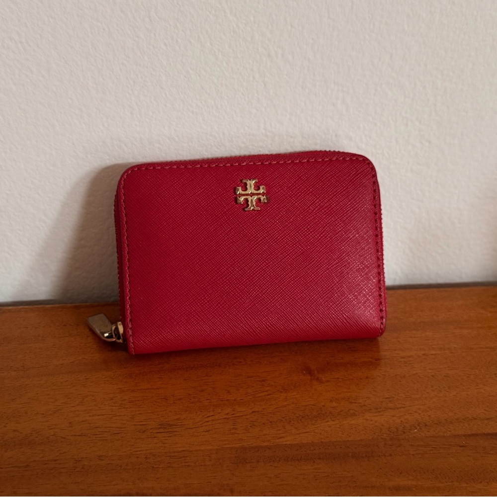 Tory Burch Red Zip-Around Card Wallet with Gold Logo